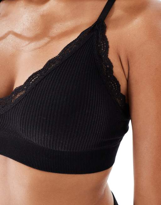 New Look - Brassière senza cuciture nera a coste con bordi in pizzo, 4 di 4