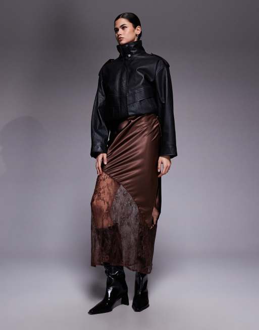 New Look – Brązowa asymetryczna spódnica midi z satyny i koronki, 2 z 5