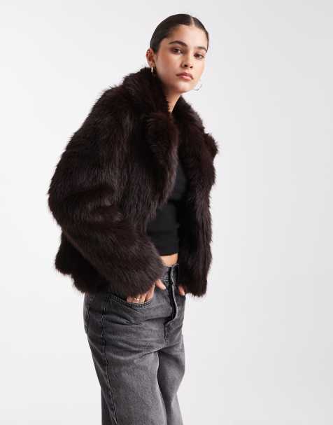 New Look cropped faux fur jacket in dark brown