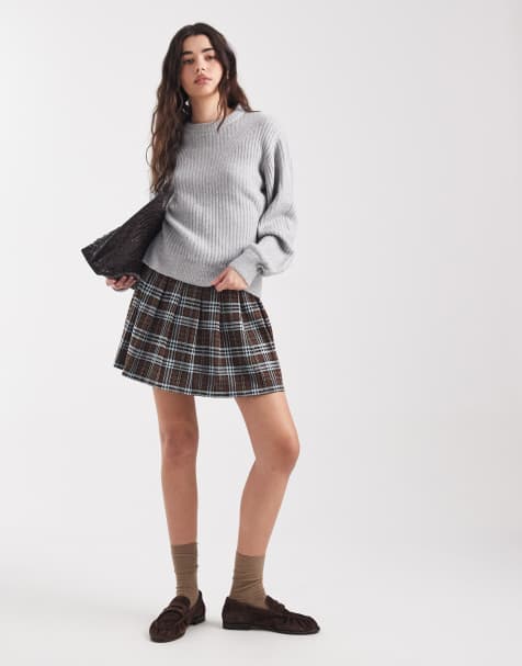 New Look – Brązowa plisowana spódnica mini w kratkę - view 1