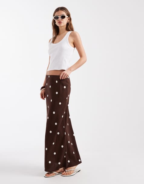 New Look – Brązowa spódnica midi z mieszanki lnu w groszki - view 1