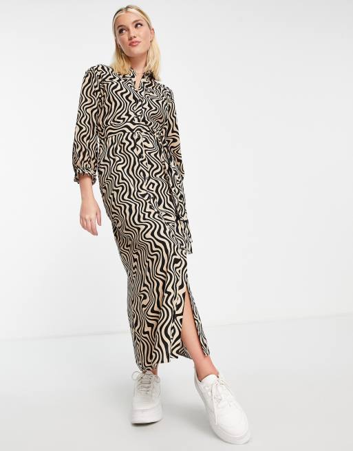 New Look – Brązowa sukienka koszulowa midi w abstrakcyjny wzór w stylu retro