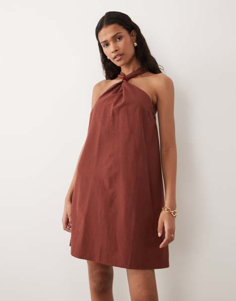 New Look – Brązowa sukienka mini z dekoltem halter i koralikami - view 1