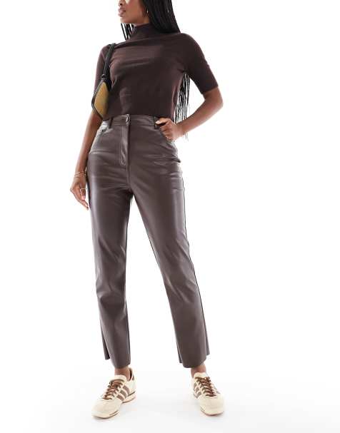 New Look faux leather straight leg trousers in brown