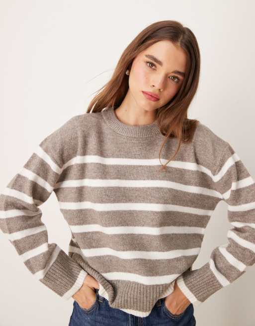 New Look – Brązowy sweter z okrągłym dekoltem w paski