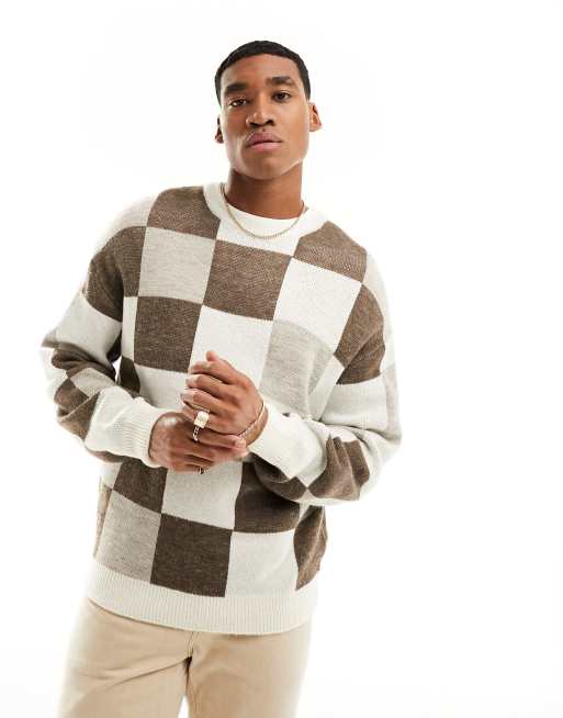 New Look – Brązowy sweter z okrągłym dekoltem we wzór w kratkę