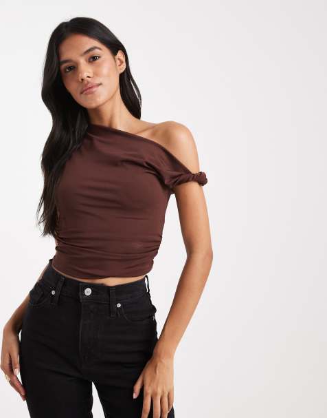 New Look fallen shoulder top in brown