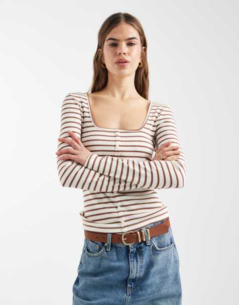 New Look – Brązowy zapinany na guziki top z długimi rękawami w paski - view 1