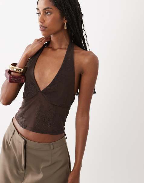 New Look – Brązowy zdobiony siateczkowy top z dekoltem typu halter - view 1
