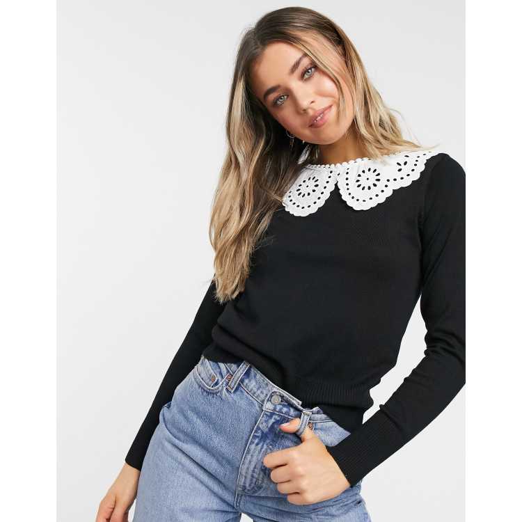 New Look broderie collar jumper in black ASOS