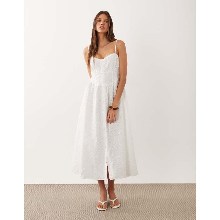 soft corset broderie lace up side midi dress The Estie Broderie Maxi Dress  - Structured bodice - Lace-up corset