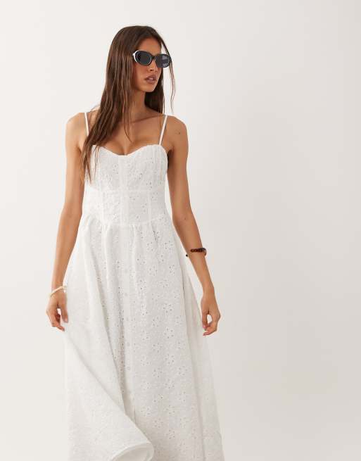 New Look broderie corset detail midi dress in white, 3 of 4