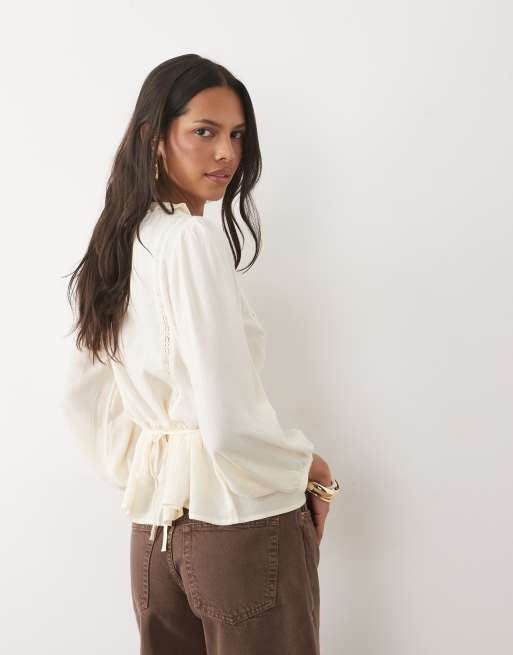 New Look broderie detail frill blouse in cream, 3 of 4