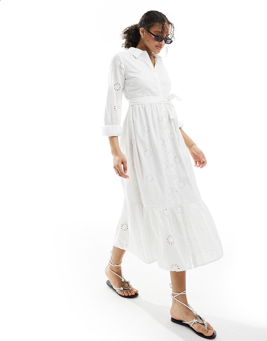 New Look broderie detail shirt midi dress in white