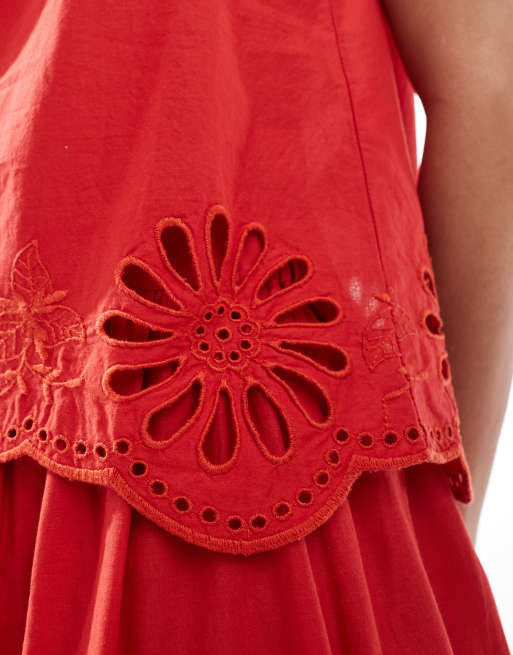 New Look broderie hem singlet in red (part of a set), 3 of 4