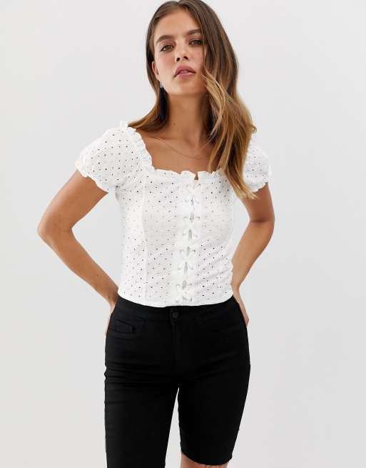 New Look broderie lattice front top in white | ASOS