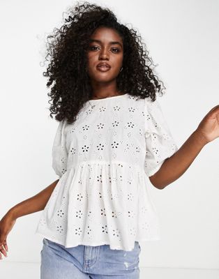New Look broderie peplum blouse in white