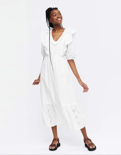 New Look broderie ruffle midi dress in white