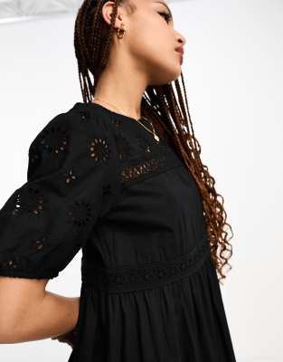 New Look broderie smock midi dress in black ASOS