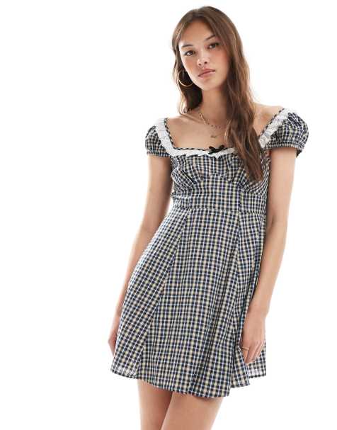 New Look broderie trim check mini dress in black - view 1