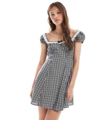[New Look] New Look broderie trim check mini dress in black 6 Black pattern