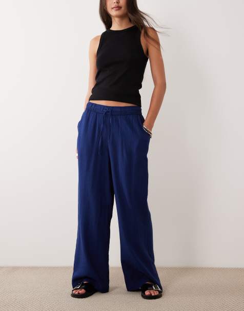 New Look - Broek van linnenmix met wijde pijpen in marineblauw - view 1