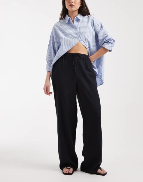 New Look - Broek van linnenmix met wijde pijpen in marineblauw - view 1