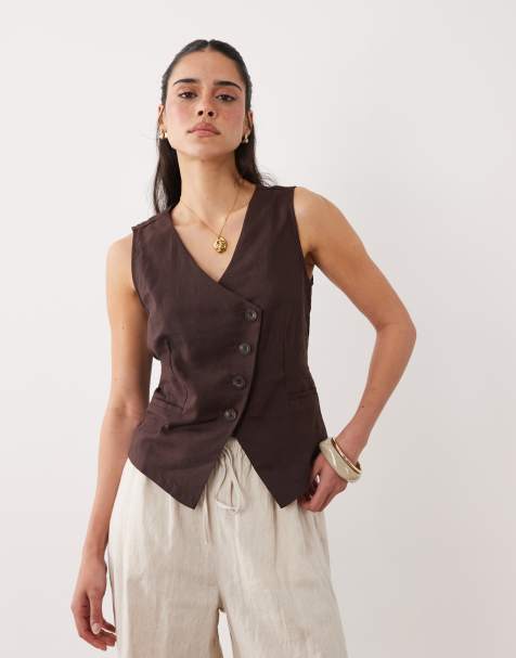 New Look – Brun, asymmetrisk kostymväst i linnemix - view 1