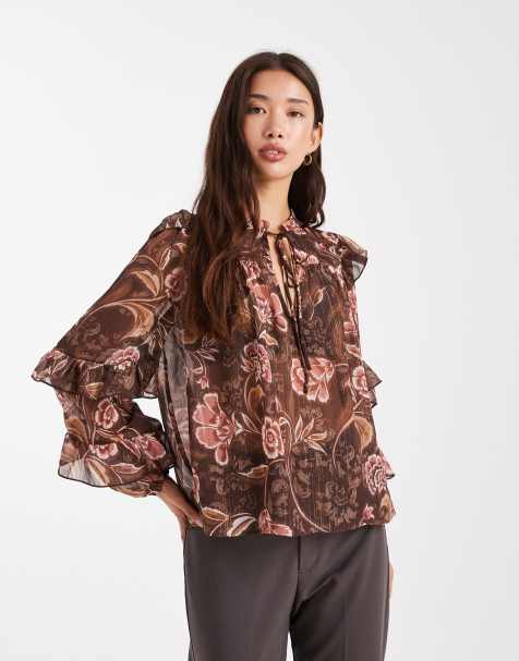 New Look - Brun bluse med flæseærmer og blomstermønster - view 1