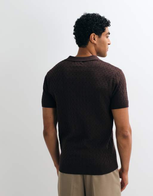 New Look – Brun, flätstickad t-shirt med krage, 3 av 5
