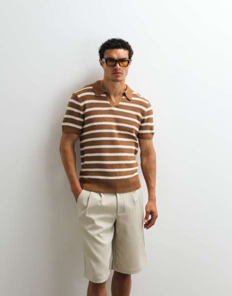 New Look - Brun kabelstrikket T-shirt med krave - view 1