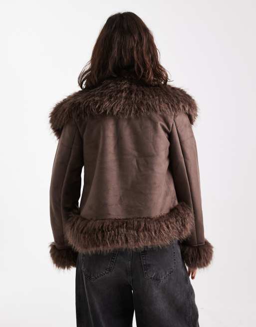 New Look – Brun, kort jacka i mockaimitation och fuskpäls, 4 av 4