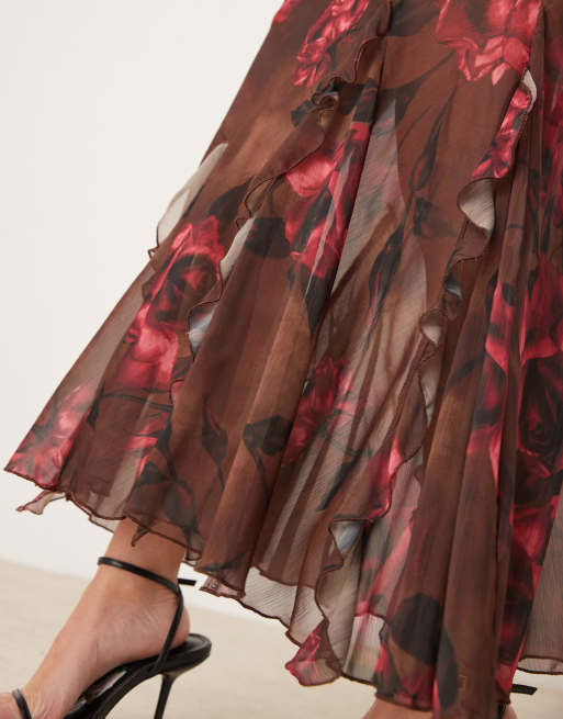 New Look - Brun midinederdel med flæser og roseprint i chiffon, 3 af 5
