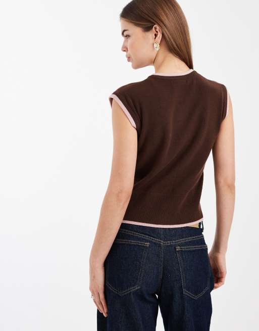New Look - Brun strikket habitvest med kontrastkanter, 4 af 4