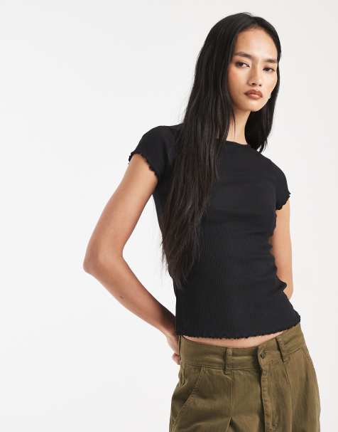 New Look - Brun T-shirt med bølgekant og babylock-syninger - view 1