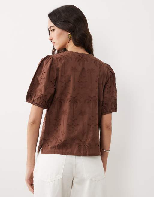 New Look – Brun t-shirt med puffärmar och utskuret palmmönster, 2 av 4