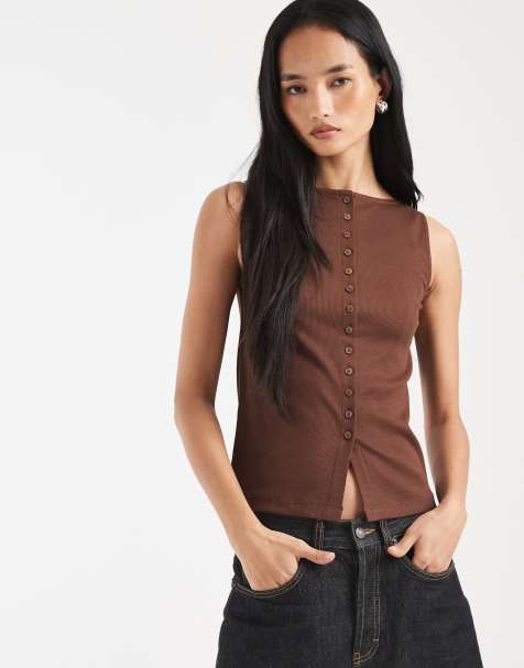 New Look - Brun tanktop med bådudskæring og knapper - view 1