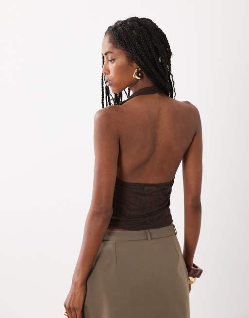 New Look - Brun top med halterneck og udsmykninger i mesh, 4 af 4