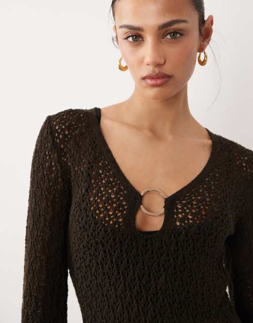 New Look – Brun, virkad kaftan med ringdetalj, 2 av 4