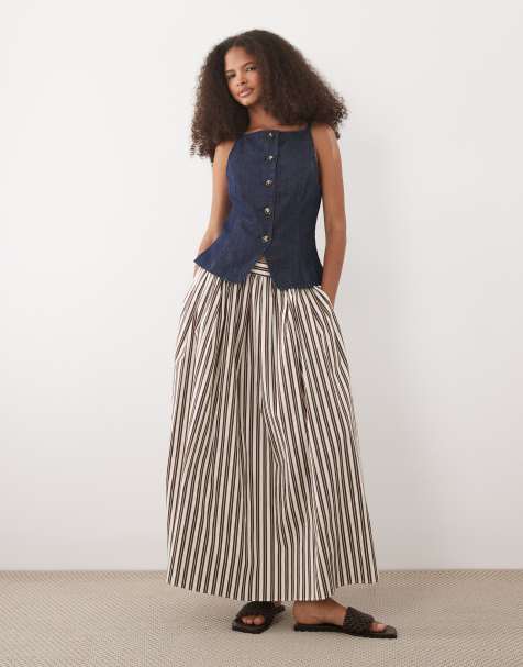 New Look – Brunrandig midikjol i poplin - view 1