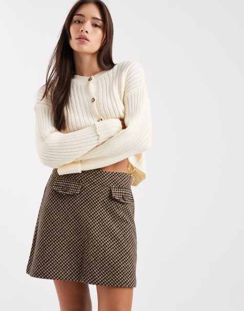 New Look brushed check belted A-line skirt in brown - view 1