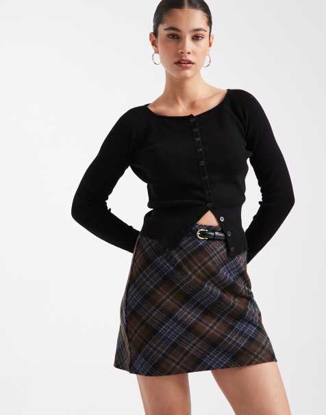 New Look brushed check belted mini skirt in brown - view 1