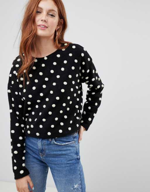 New Look Brushed Jumper In Black Polka Dot Pom Pom Asos