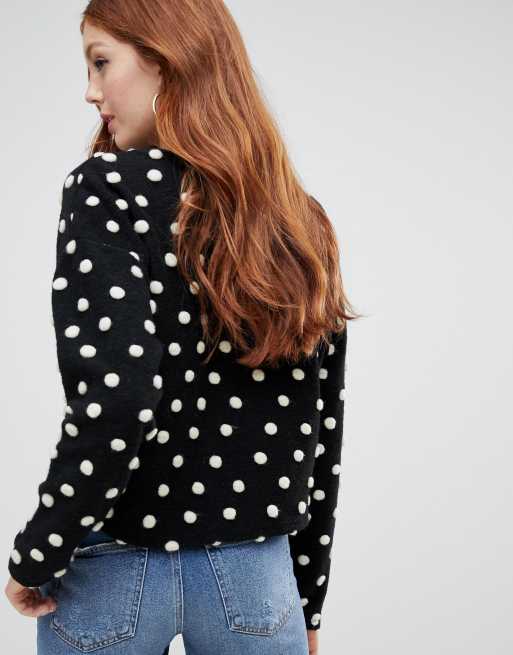 New Look Brushed Jumper In Black Polka Dot Pom Pom Asos