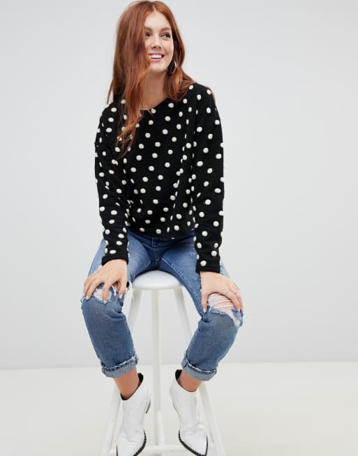 New Look Brushed Jumper In Black Polka Dot Pom Pom Asos