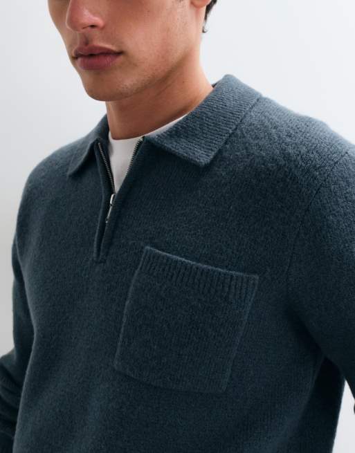 New look brushed knit 1/4 zip polo in blue, 4 of 5