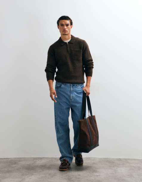 New look brushed knit 1/4 zip polo in dark brown