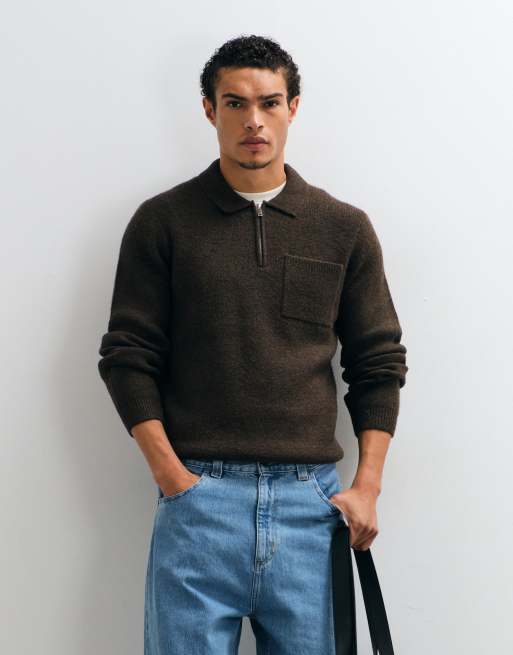 New look brushed knit 1/4 zip polo in dark brown, 2 of 5