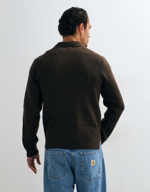 New look brushed knit 1/4 zip polo in dark brown, 4 of 5