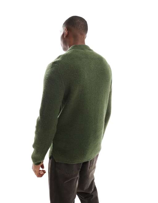 New Look brushed knit 1/4 zip polo shirt in dark green, 2 of 4